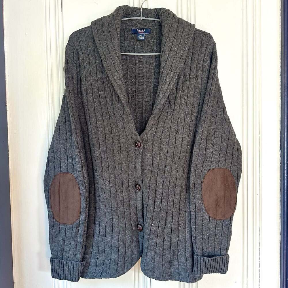 90s Chaps Gray Cable Knit Shawl Collar Cardigan Sweater w/ Elbow Patches, XL